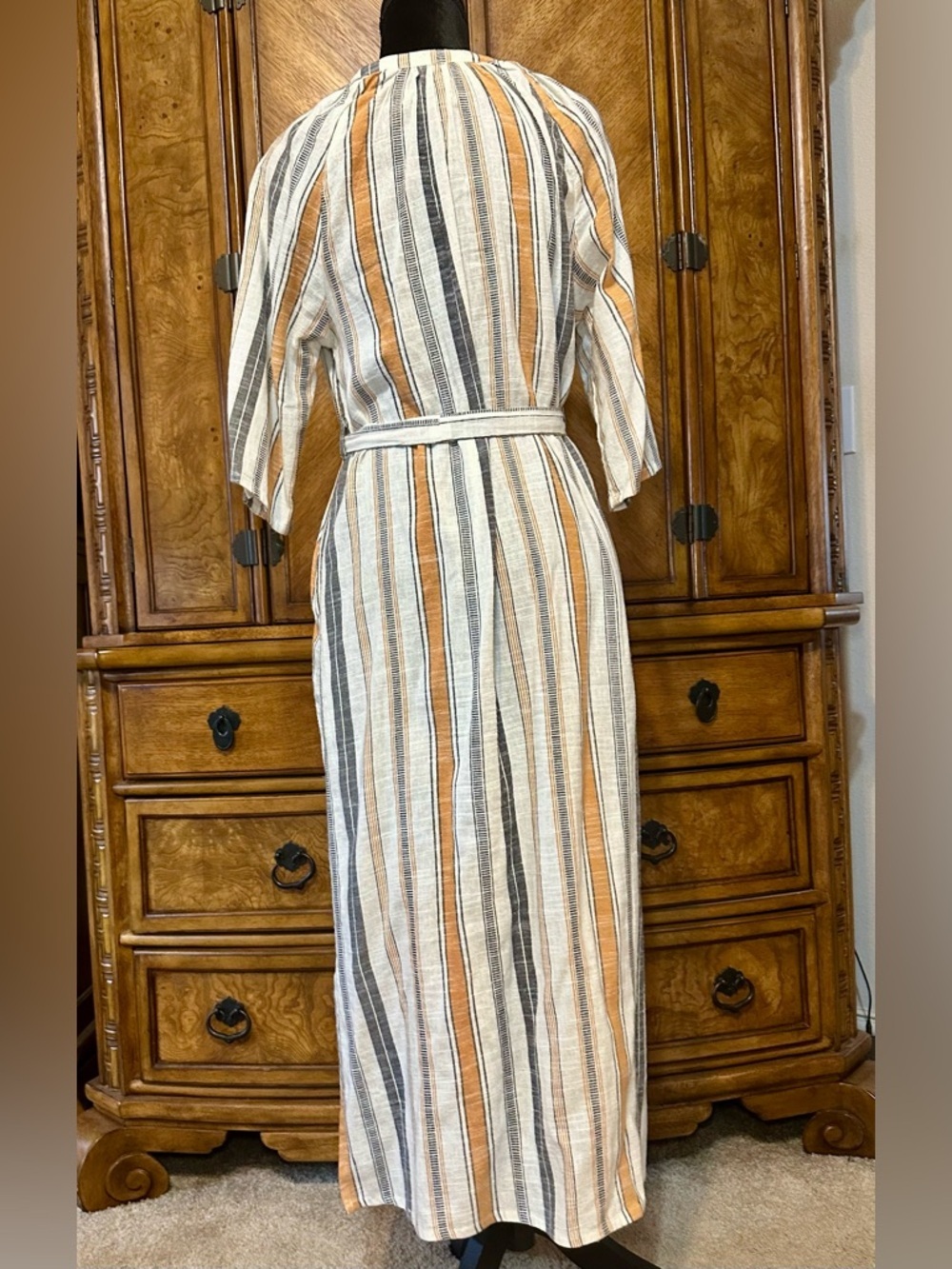Maisie Resort Midi Dress Medium Stripe Cotton Pockets Belted Side Slit - Picture 5 of 11